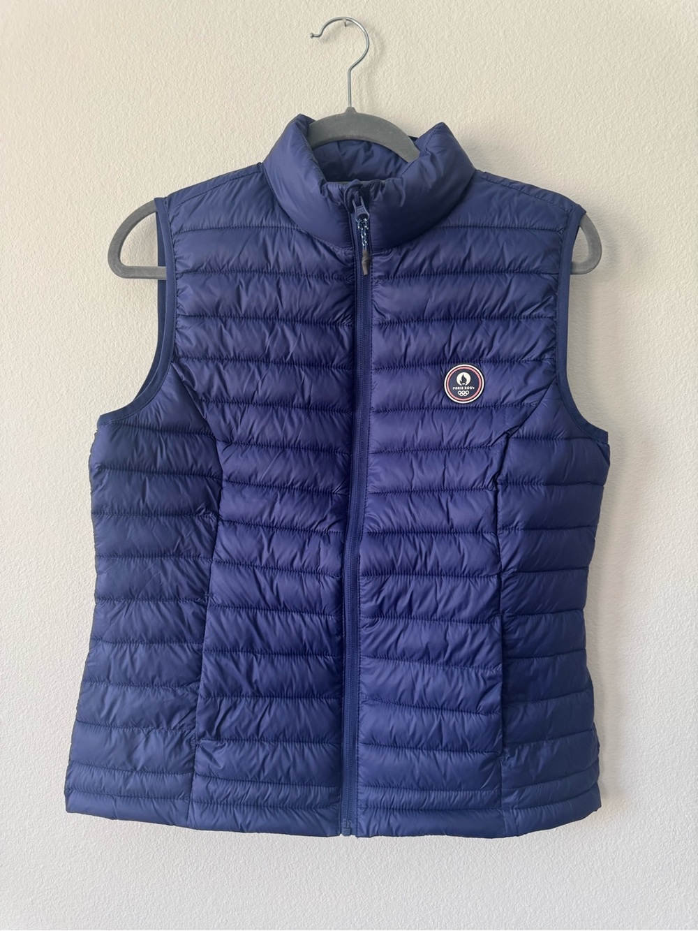 Navy Quilted Puffer Vest with Paris 2024 Olympic game logo patch